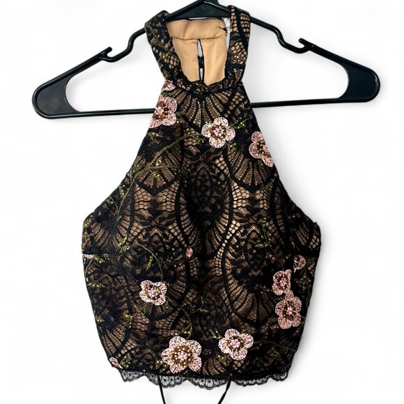 Rachel Allan Sz 2 Floral Lace Embroidered Lace-Up Back Halter Top Black - Picture 4 of 11